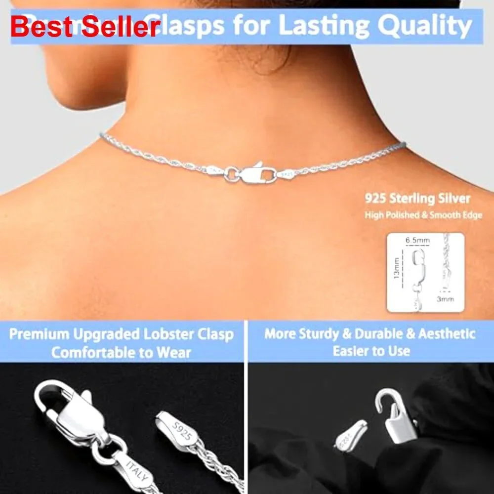 925 Sterling Silver 1.5mm Rope Chain Necklace with Lobster Clasp